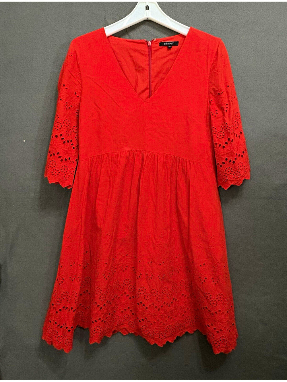Madewell Women’s Red Eyelet Fit & Flare V-Neck 3/4 Sleeve Dress Size 4